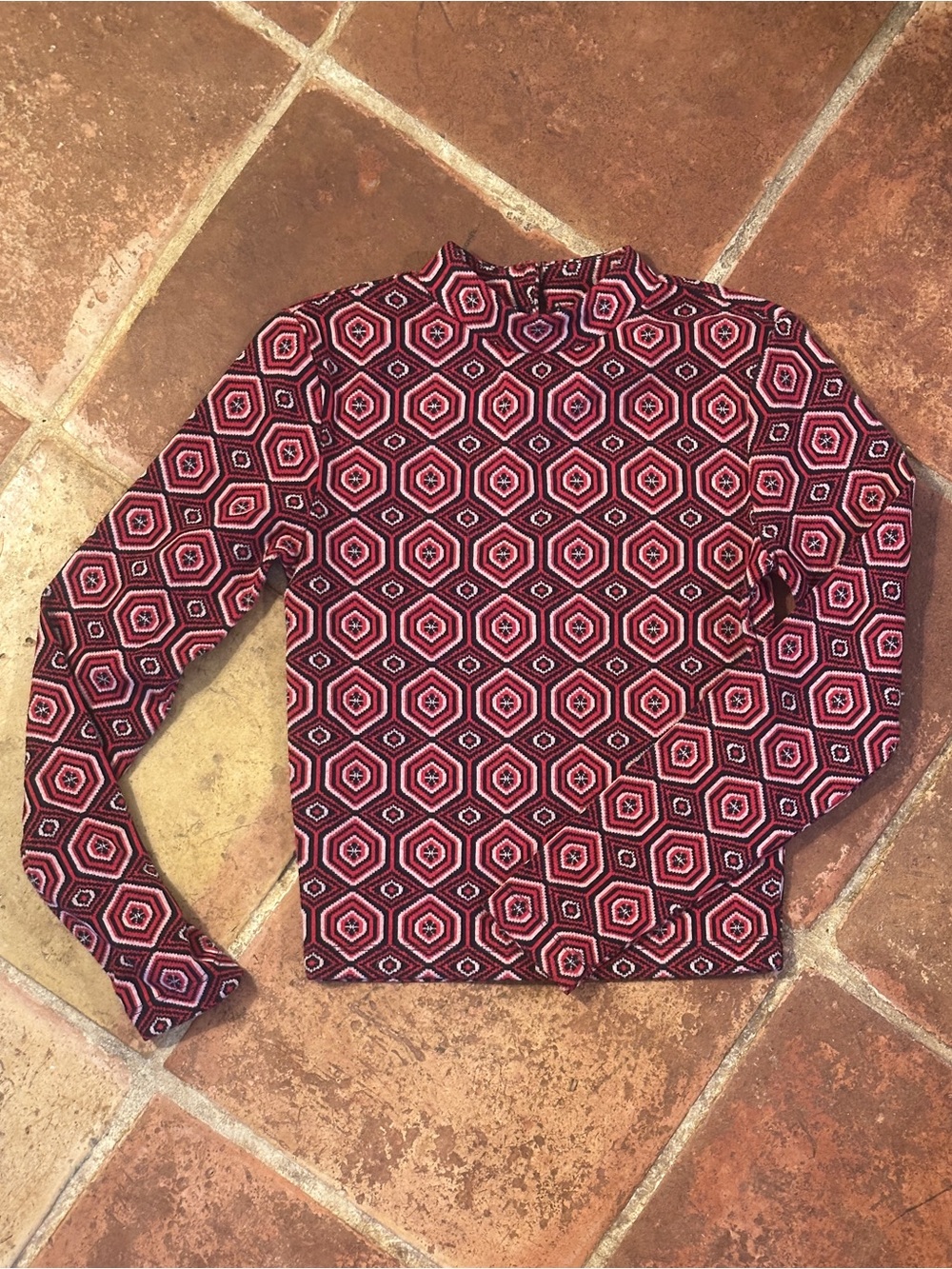 Forever 21 Red and Pink Geometric Knit crop Top with half turtle neck